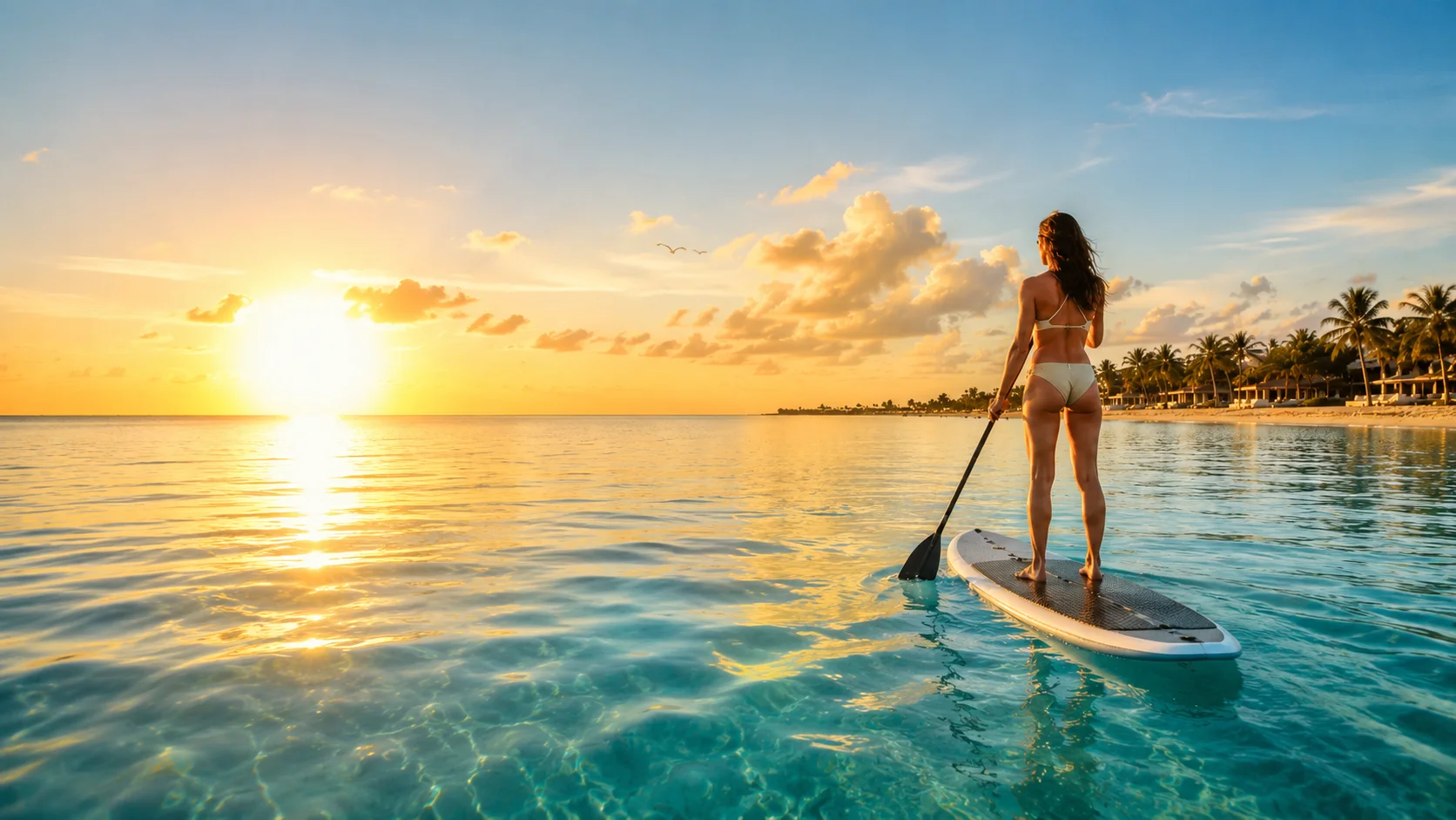 Persona en paddle board al amanecer dorado sobre aguas turquesa del Caribe